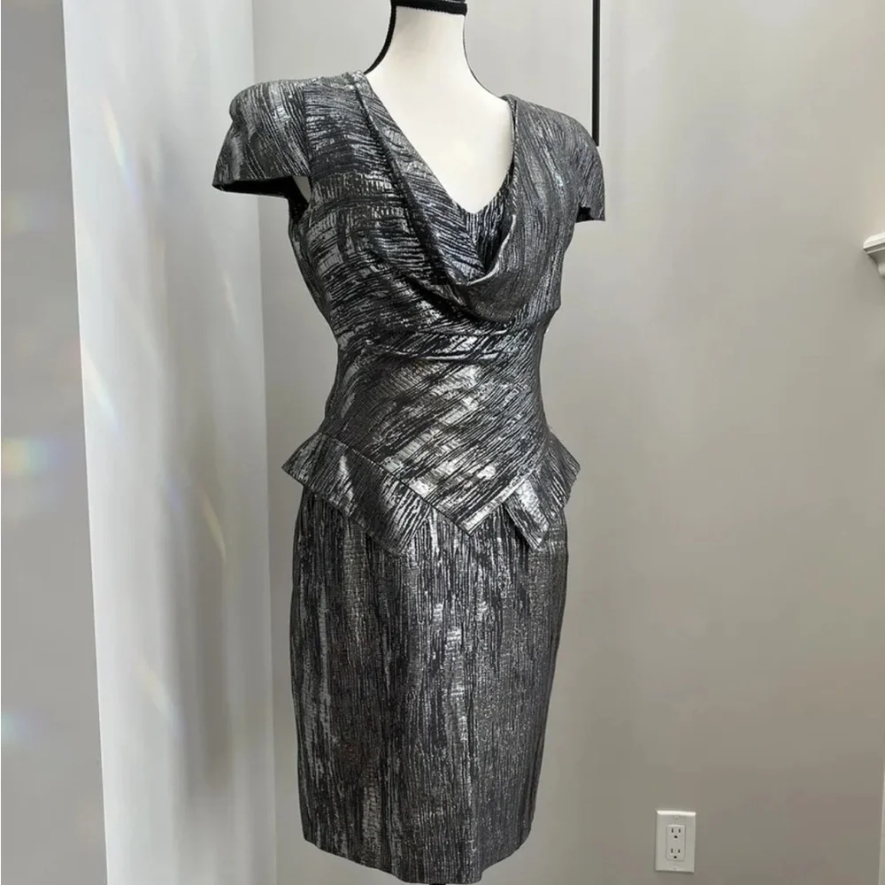 Alexander McQueen Metallic Charcoal Gray Draped Peplum Dress - Picture 2 of 8